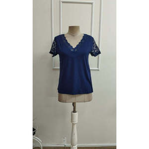 Women'<b>s</b> Short-Sleeved V-Neck Lace Viscose <b>Blouse</b>, 35394 - Navy blue - Product Image 4