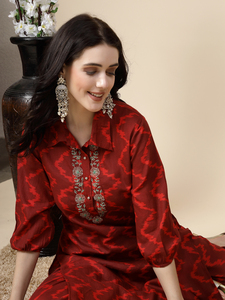 Top Indian Trendy Women Maroon Color Embroidered Rayon Fabric Collar Neck Straight Knee-Length <b>Three</b>-Quarter Sleeve Kurta Pant - Product Image 5
