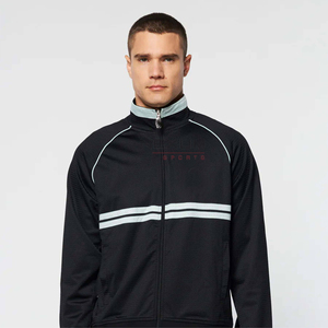 แจ็กเก็ตแนวซิปสำหรับผู้ชายสีดำแบบกำหนดเองมีแถบสีขาวน้ำหนักเบาชุดกีฬาฝึกซ้อมแฟชั่นล่าสุด - Product Image 1
