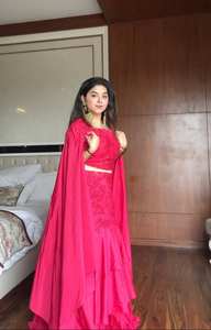 Exclusive french crape designer lehenga set with sweetheart embroidered blouse layered floral ruffle skirt and <b>cape</b> dupatta - Product Image 3