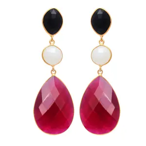 Black Onyx and Ruby Gemstone Stud Earring Handmade Gold Plated Dangle Earring Trendy Women Jewelry Onyx Ruby Chandelier Earrings