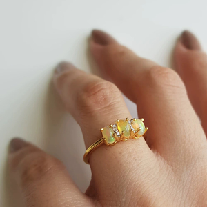 14K Solid <b>Gold</b> Natural Three <b>Opal</b> Luxury Victorian Prong Set <b>Ring</b> Unisex Wedding & Anniversary Gift - Product Image 1