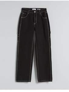 Jeans vintage pour homme, 12 oz, denim brut, jambe large, streetwear, taille mi-haute, tissé, lavé, noir indigo, été, uni, lavable - Product Image 3