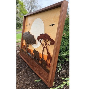 งานศิลปะติดผนังแบบแขวนลายซาฟารีแอฟริกันสมัยใหม่ ทำจากไม้แกะสลักด้วยเลเซอร์ 3 มิติ |   งานแกะสลักไม้รูปช้าง ยีราฟ พระอาทิตย์ตก แบบมีชั้น ตกแต่งตามสั่ง - Product Image 1