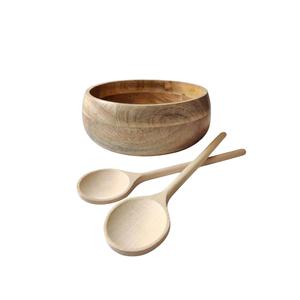 Grand bol de service en bois d'acacia ondulé pour Fruits salades en bambou nourriture vaisselle décoration avec cuillère ensemble pas cher - Product Image 1