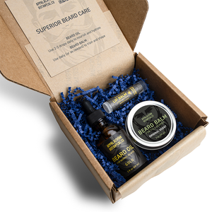 Ensemble de soins pour barbe ABCo Gold : Huile à barbe (2 oz) & Baume à barbe (2 oz) - Extraits botaniques & Huiles essentielles, Sans cruauté envers les animaux - Product Image 1