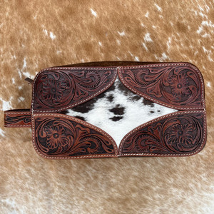 New High Quality Wholesale Hair on Tooled <b>Leather</b> Travel Cosmetic <b>Bag</b> Western Genuine <b>Leather</b> Makeup Organizer <b>Bag</b> for Women's - Product Image 2