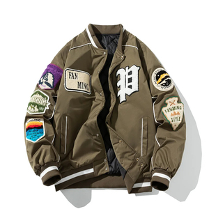 Autumn <b>Retro</b> Letter Embossed Stand Varsity Jacket Men Street Style Windbreaker Baseball Uniform Casual OEM Service <b>Fabric</b> - Product Image 6