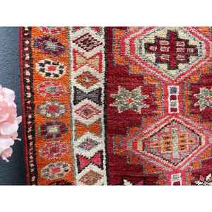 2.6x11.4 ft Rug, <b>Runner</b> Turkish Rug, <b>Red</b> Herki Abstract Rug - Product Image 4