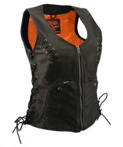 Designer Custom Label Women's Genuine Leather Sleeveless Vest Jacket with Belt Windproof Waterproof <b>Fur</b> <b>Trim</b> Moto & Biker Style - Product Image 3