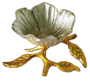 Cuenco de aluminio decorativo en forma de flor con soporte de hojas adjunto en color dorado y plateado Cuenco bellamente hecho a mano a granel - Product Image 5
