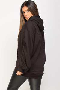 Sweat à capuche noir surdimensionné pour femme avec manches froncées anti-rides et respirant pour les entraînements de gymnastique d'hiver - Product Image 2