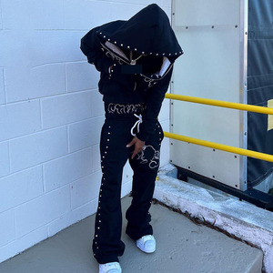 Fabricant personnalisé Rivet Rhinestones Tracksuits DTG Printing 2 Piece Hoodie Pants Set Heavyweight Zip up Sets Men - Product Image 2