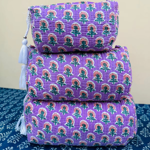 Quilted Indian block Print Large Toiletry Bag, Quilted Cotton Waterproof Toiletry <b>Pouch</b> | Block Print <b>Make</b> <b>Up</b> Bag | Cosmetic Bag - Product Image 1
