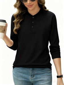 Solid Color Cotton Autumn Women Henley Shirt All-<b>Match</b> Fashion <b>Long</b> Sleeves Casual T-Shirts Street Button - Product Image 2