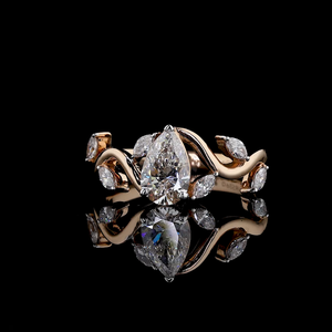 Bague solitaire de créateur en forme de poire avec petits diamants en forme de poire sur l'axe |   Bague de luxe en or massif 18 carats plaqué rhodium certifiée IGI - Product Image 1