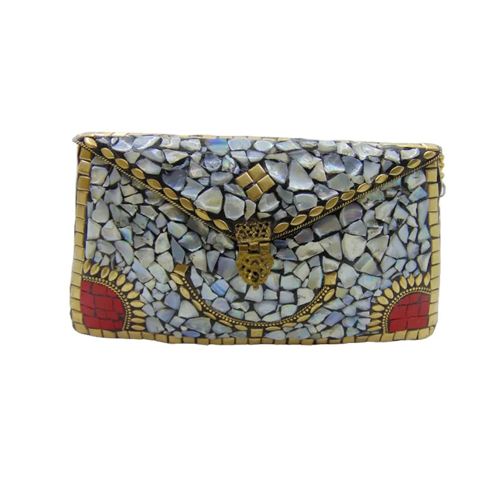 Bolsa de mão feminina em mosaico de metal antigo com design bonito, bolsa de noite chique para festas