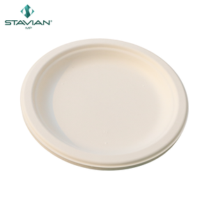 Plato Redondo Desechable Biodegradable y Compostable de Bagazo de 10 Pulgadas, Ecológico, Marca STAVIAN, Ideal para Restaurantes y Fiestas - Product Image 1
