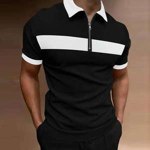 Camiseta de Manga Corta para Hombre, 100% Algodón, Tejido de Punto, Cierre de Cremallera, Estampado con Costuras, Corte Ajustado, Antiarrugas, Primavera-Verano - Product Image 1