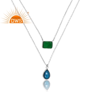 Collier en argent sterling 925 Doublet de quartz émeraude zambienne & Doublet de topaze bleue de Londres pour femme cadeau pour elle - Product Image 2