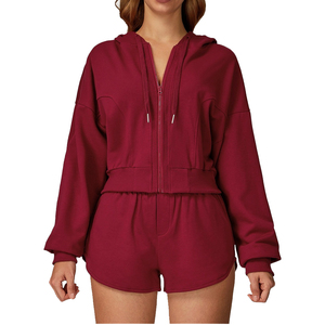 Streetwear pour femmes solide à manches courtes à capuche 2 pièces ensemble short en tissu éponge Spandex/coton respirant écologique séchage rapide - Product Image 1