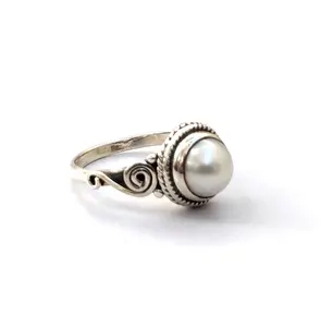 Natural Stone Handmade Rings Boho sterling silver 925 white Pearl Stone Round Rings for women and girls