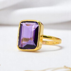 Pierre précieuse améthyste 10x14MM Rectangle Plaqué Or Bague Boho Bague Personnalisable Bijoux Argent 925 Fine Bague Artisanale Vente en Gros - Product Image 1
