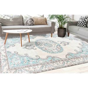 Tapis imprimé : Tapis bleu et gris, tapis de style turc, tapis fin non tissé - Product Image 1