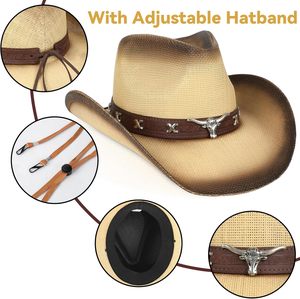 หมวกคาวบอยหนังสีเบจและสีน้ำตาลกาแฟสำหรับสวมใส่ลำลองแบบยูนิเซ็กซ์ พร้อมสายรัดปรับได้และปีกหมวกกว้างที่สามารถปรับรูปทรงได้ - Product Image 4