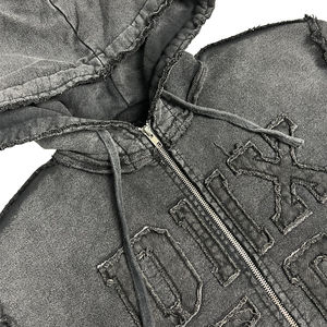 Custom Acid Wash Zip-Up Hoodie Sweat <b>Pants</b> Set 100% Cotton Distressed Embroidery Raw Edge Patch Tracksuit OEM Service Available - Product Image 4