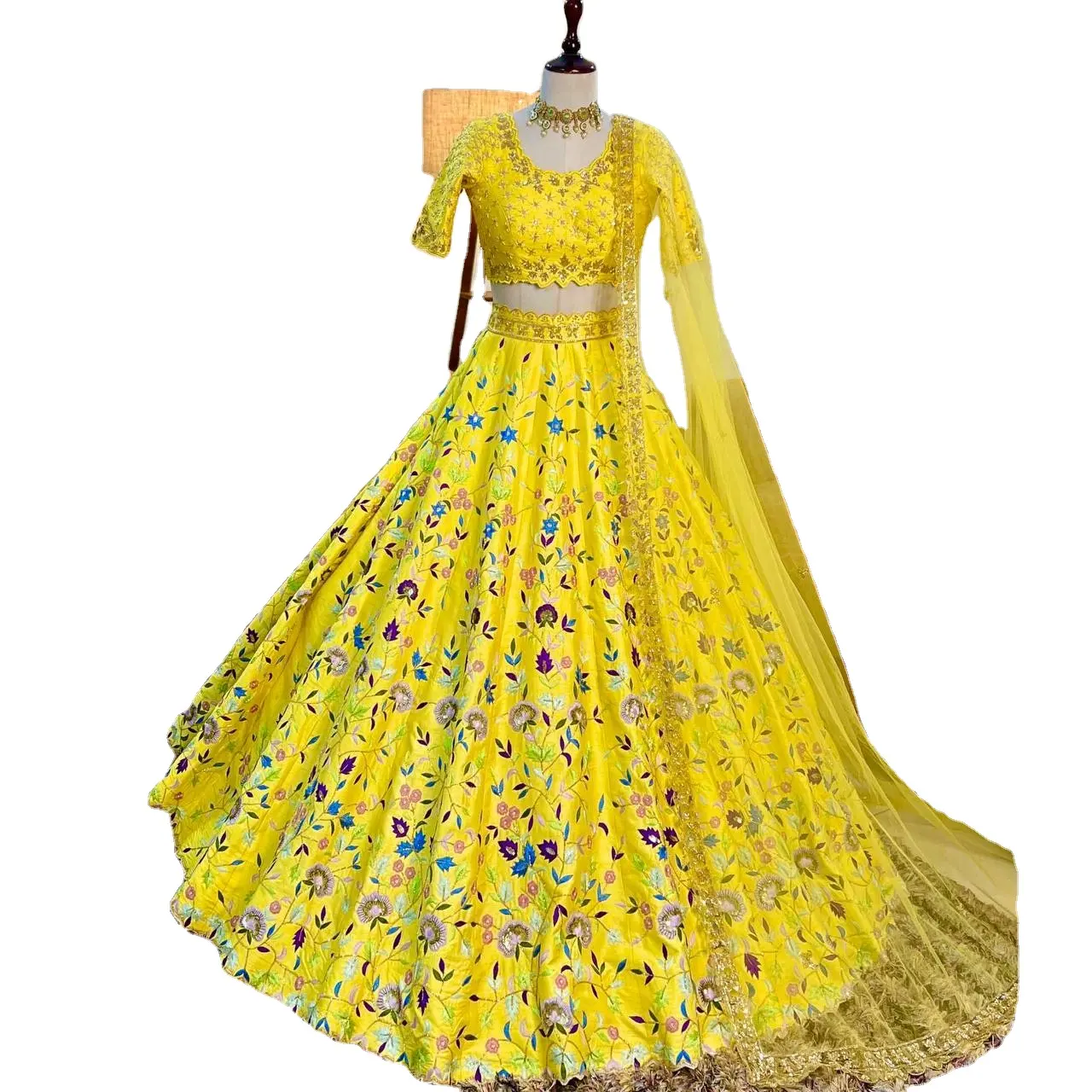 Lemon Yellow Colour Embroidered Attractive Embroidered Regular Fit Party Wear Silk Lehenga choli