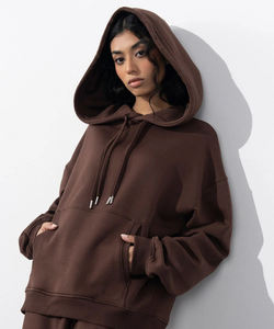 Sudadera con Capucha de Color Sólido para Mujer, Talla Grande, Color Marrón Oscuro, con Cordón, Bolsillo Tipo Canguro, Estilo Urbano Minimalista - Product Image 4