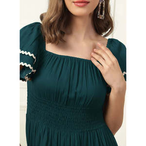 Deebaco Women's Teal Blue Solid A-Line Lace-Up Tiered Mini <b>Dress</b> With Ruffle Sleeve Square Neck Casual Summer Style - Product Image 2