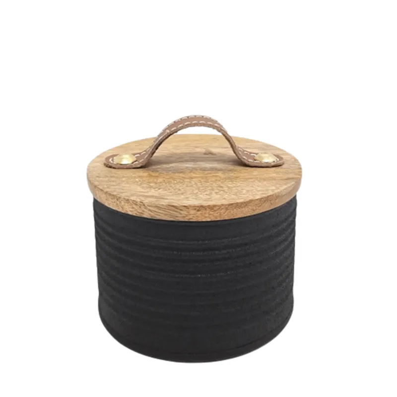 Hot Selling Iron Canister With Wooden Lid And Leather Handle Matt Black Texture Colour Food Storage & Container