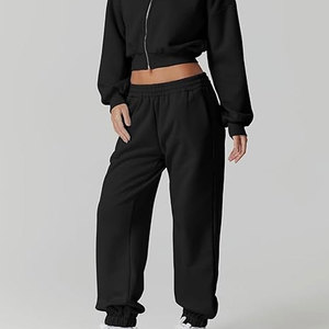 ชุดเซ็ตแทรคสูทสองชิ้นผ้าฟลีซถักแบบลำลองสไตล์วินเทจสำหรับผู้หญิง เสื้อครอปสั้นแบบมีซิป ฮู้ดดี้ สตรีทแวร์ ปี 2026 - Product Image 3