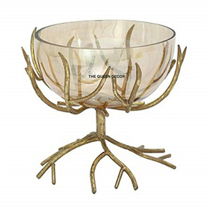 High Standard Quality Clear <b>Glass</b> Round Shape Fruits And Chocolates <b>Serving</b> <b>Bowl</b> With Gold Plated Metal Antique Designer - Product Image 1