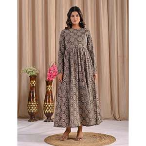ชุดเดรสอานาร์กาลีผ้าฝ้ายสีเบจพิมพ์ลายด้วยมือแบบปากีสถาน ผ้าจอร์เจตต์สไตล์อินเดีย ซารี ซัลวาร์ คามีซ วิธีการพิมพ์ลายด้วยมือ - Product Image 4