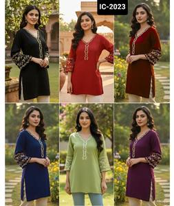 Nuevo diseñador de ropa diaria e informal para mujer, Kurtis cortos de rayón pesado y parte superior con hermoso trabajo de bordado, Kurtis cortos de bajo precio - Product Image 1