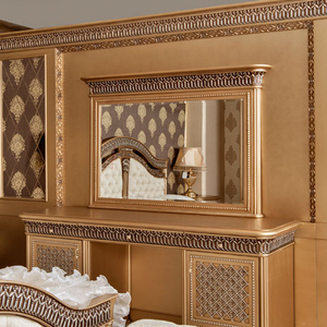 Ensemble de chambre à coucher Yasmin en bois massif classique de luxe avec sculpture à la main de haute qualité et finition dorée - Product Image 4