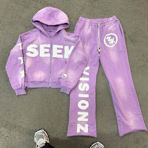 Pantalon de survêtement évasé en coton deux pièces personnalisé ensemble de sweat à capuche surdimensionné à l'acide lavage rue survêtement imprimé brodé Applique Patch - Product Image 3