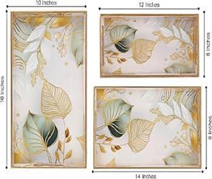 Set of 2 Handmade MDF Wood Serving Trays <b>Enamel</b> Coated White Gold Birds Design Decorative Resin Plate Kitchen Dining Home Use - Product Image 5