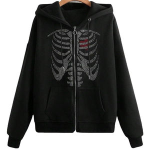 New Fashion Rhinestone <b>Skeleton</b> <b>Full</b> Face Zip Front Logo Winter Heavy Weight <b>Full</b> Zip up Streetwear Hoodie for Men Women - Product Image 1