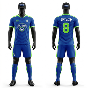 Conjunto de Uniforme de Fútbol para Hombre, 150 GSM, Poliéster que Absorbe la Humedad, Jersey y Pantalones Cortos con Paneles Azul Lima y Verde, Logotipo Personalizado por Sublimación - Product Image 1