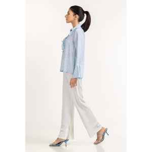 Blusa Tejida Retro Azul Cielo 231-217-072 de Algodón y Gasa con Cuello Solapa Talla XL Ajustada Corta Formal para Verano, Otoño y Primavera - Product Image 5