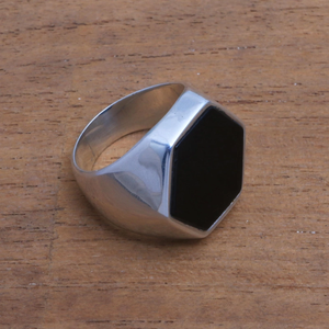 Bague de mariage punk unisexe en argent sterling 925 avec onyx hexagonal, faite à la main, prix d'usine, pour cadeau ou fête - Product Image 4