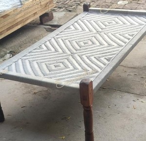 Traditional Indian Charpai Handcrafted Rustic Wooden Day Bed Strong <b>Rope</b> for Home Garden Park Use Featuring Bone Inlay Console - Product Image 1