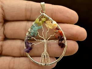 Pendentif plaqué argent fait main en forme de poire sept chakras arbre vie pierre précieuse fil enroulé cabochon en vrac breloques diamant guérison - Product Image 3