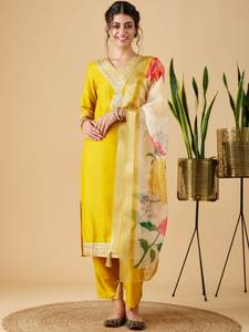 Elegant Yellow Silk Kurta Set with Floral Dupatta Festive Wear Indian <b>Ethnic</b> <b>Dress</b> <b>for</b> <b>Women</b> - Product Image 3