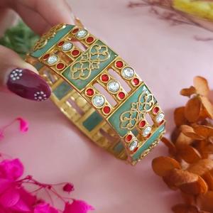 Classy Gold Plated Brass Cuff <b>Bracelet</b> with Moissanite Stones <b>for</b> Women and <b>Girls</b>-Trendy Party Wear - Product Image 1