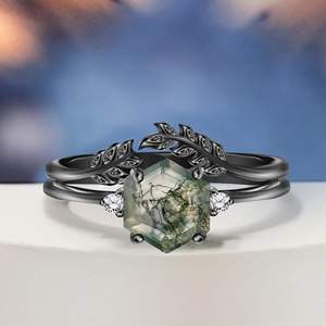 925 argent Sterling feuille gravé hexagone mousse Agate et zircon cubique mariage Double bande bague pour les femmes - Product Image 2